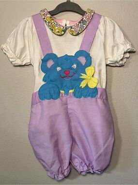 Lavender Suspender Bubble Romper with Blue Bear Applique